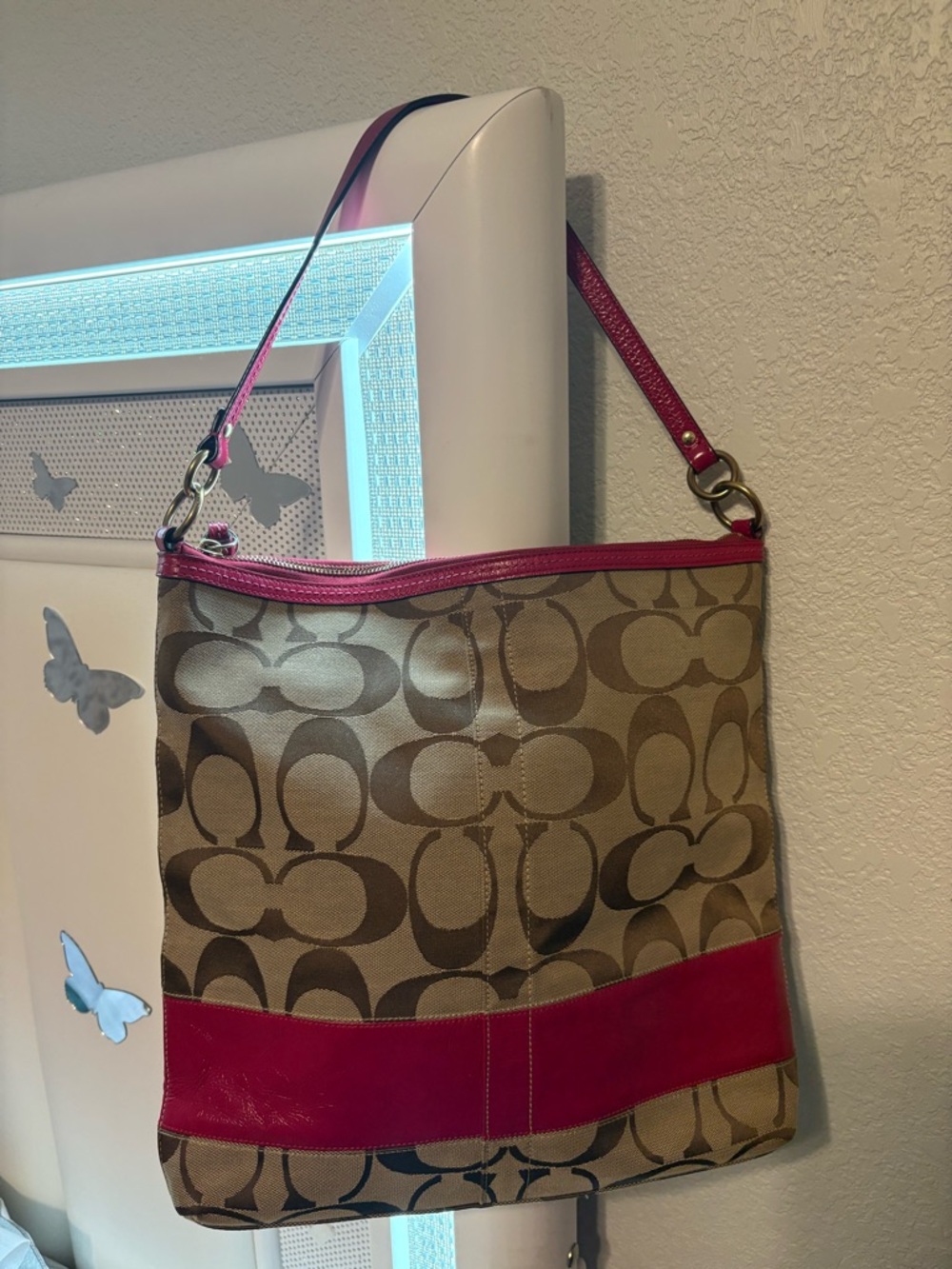 Coach Signature Canvas Shoulder Bag in Brown and Pink